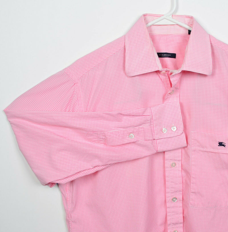 Vintage 90s Burberry London Men's 15.5 Pink Check Knight Logo Dress Shirt