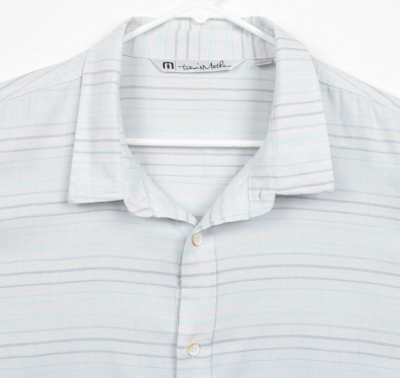 Travis Mathew Men's 2XL White Blue Stripe Cotton Poly Button-Front Casual Shirt