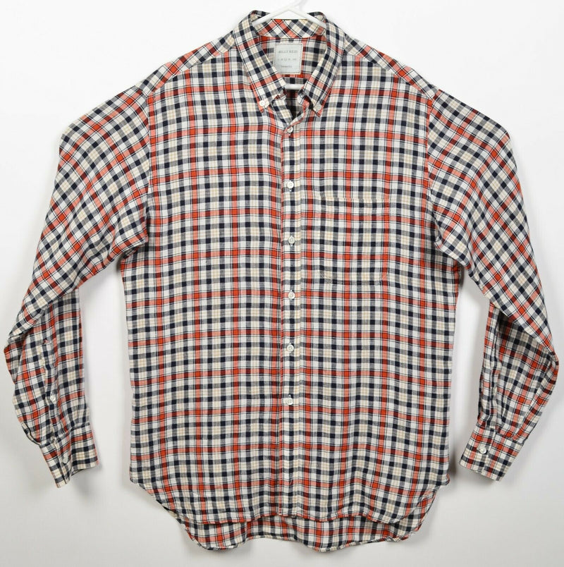 Billy Reid Men's Large Standard Cut 100% Linen Orange Navy Plaid Italy Shirt