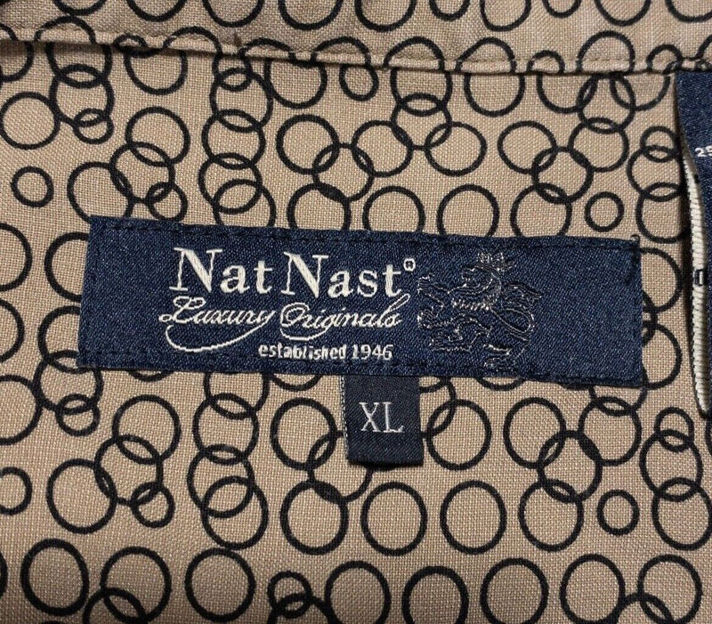 Nat Nast Silk Shirt XL Mens Brown Circle Dot Geometric Bowling Retro Camp Luxury