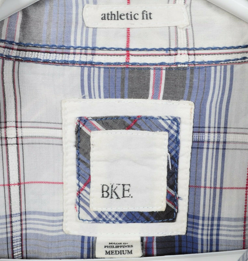 BKE Buckle Men's Medium Athletic Fit Pearl Snap Blue Gray Plaid Rockabilly Shirt