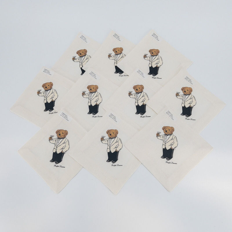 Polo Bear Ralph Lauren Tuxedo Cocktail Napkin Set Linen Set of 10 Vintage