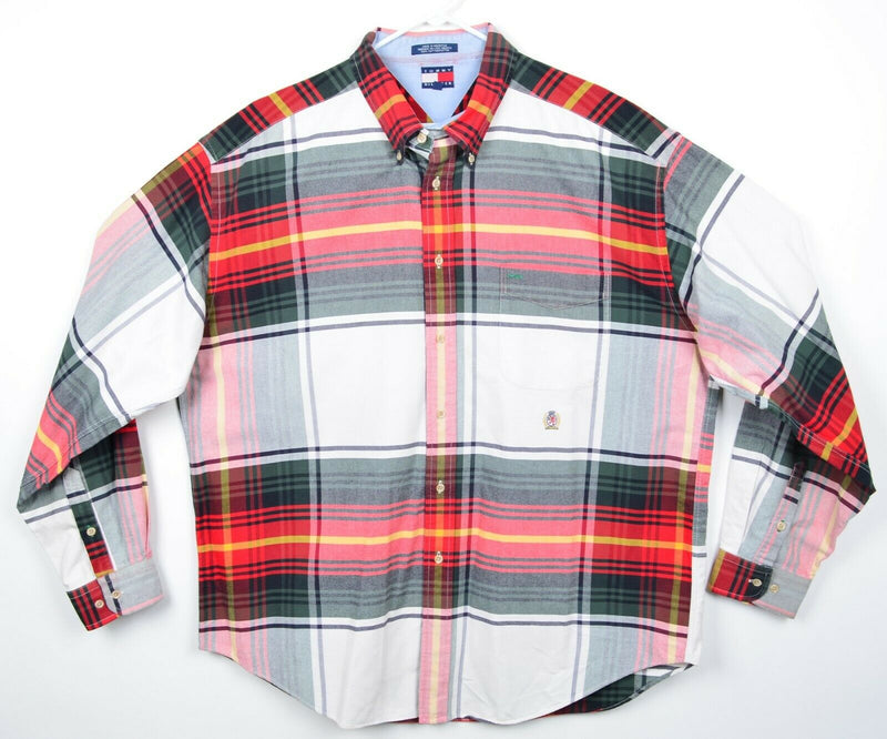 Vintage 90s Tommy Hilfiger Men's 2XL Red Green Plaid Lion Crest Button Shirt