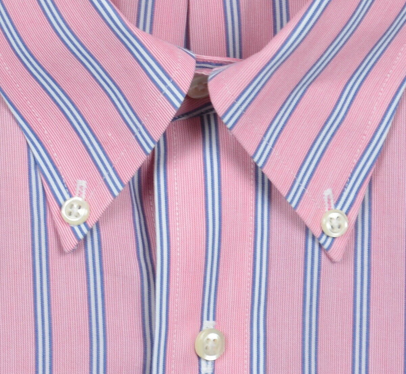 Brooks Brothers Men's 17.5 Non-Iron Pink Blue Striped Button-Down Dress Shirt