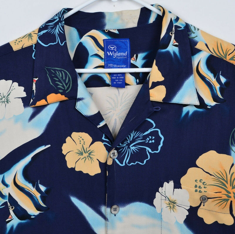 AFTCO Wyland Signature Men's Sz 2XL 100% Silk Blue Floral Fish Hawaiian Shirt