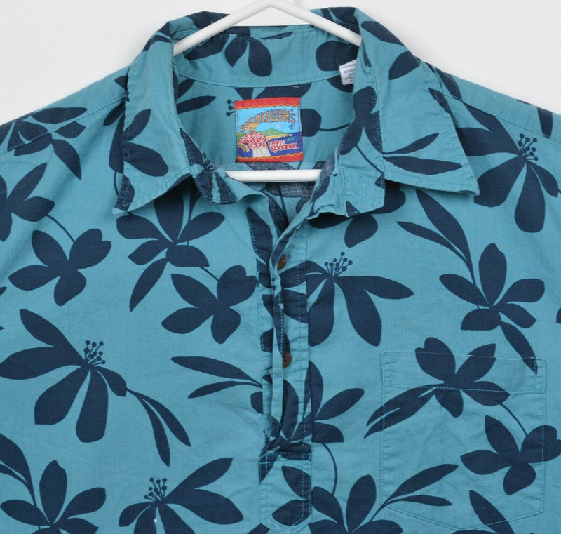 Reyn Spooner Men's Large Floral Turquoise Navy Blue Hawaiian Aloha Shirt
