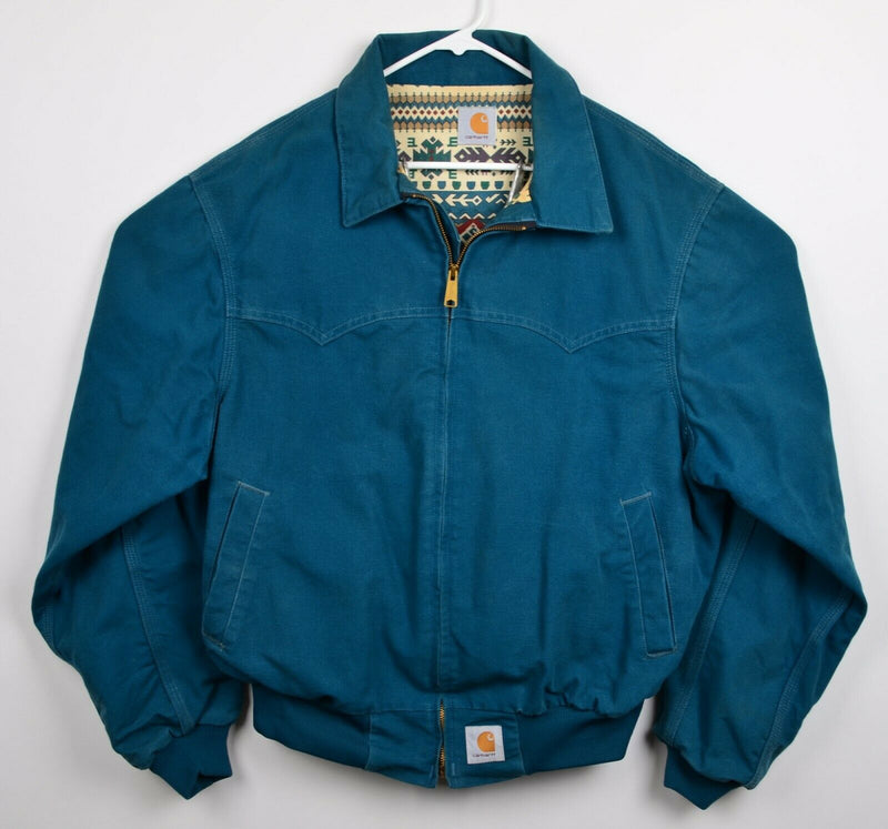 Vintage 90s Carhartt Men's Large/XL? Aztec Navajo Lined Teal Zip Bomber Jacket