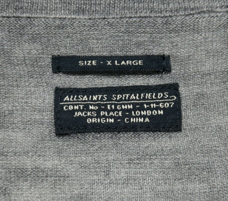 AllSaints Men's XL Merino Cardigan Solid Gray V-Neck Ramskull Logo Sweater
