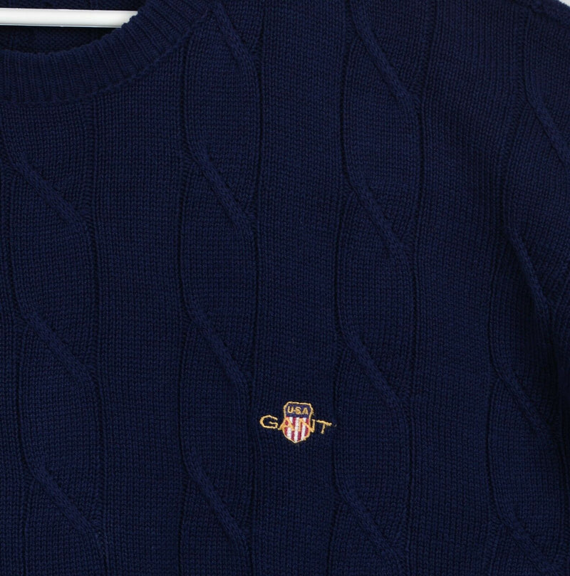 Vintage GANT Men's XL Navy Blue Cable-Knit Crew Neck Logo Pullover Sweater