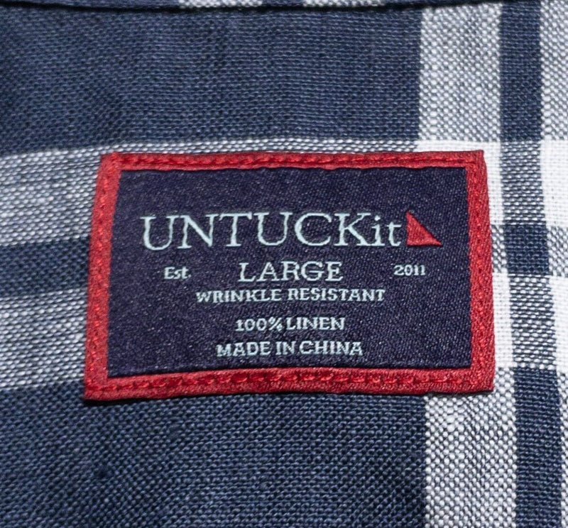 UNTUCKit Linen Shirt Men's Large Wrinkle Resistant Blue Plaid Long Sleeve Button