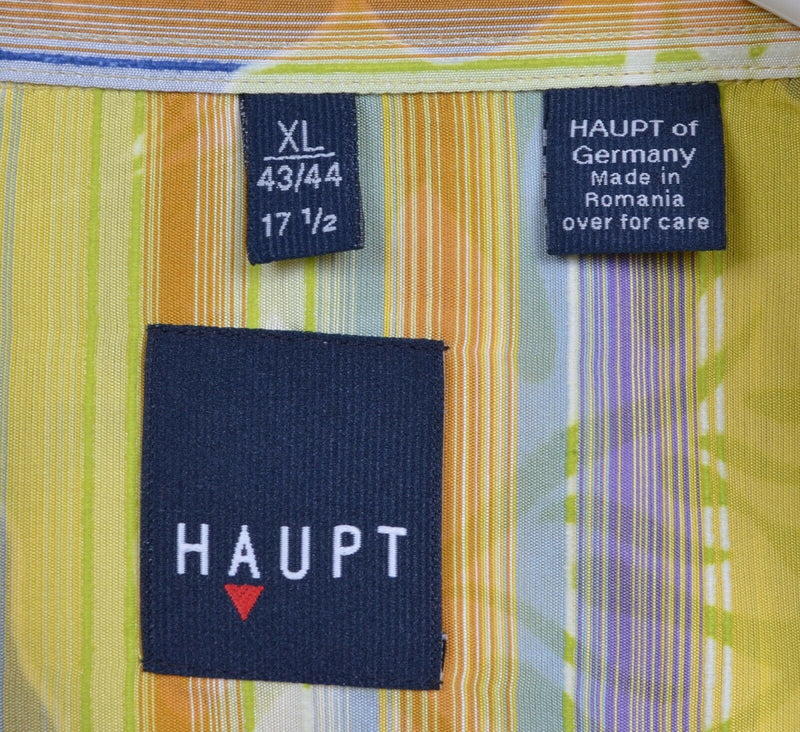 Haupt Germany Men's XL Floral Striped Yellow Textured Rayon Hawaiian Shirt