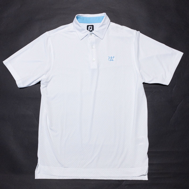 FootJoy Golf Polo Men's Medium Polka Dot White Blue Wicking Stretch Westmoor CC