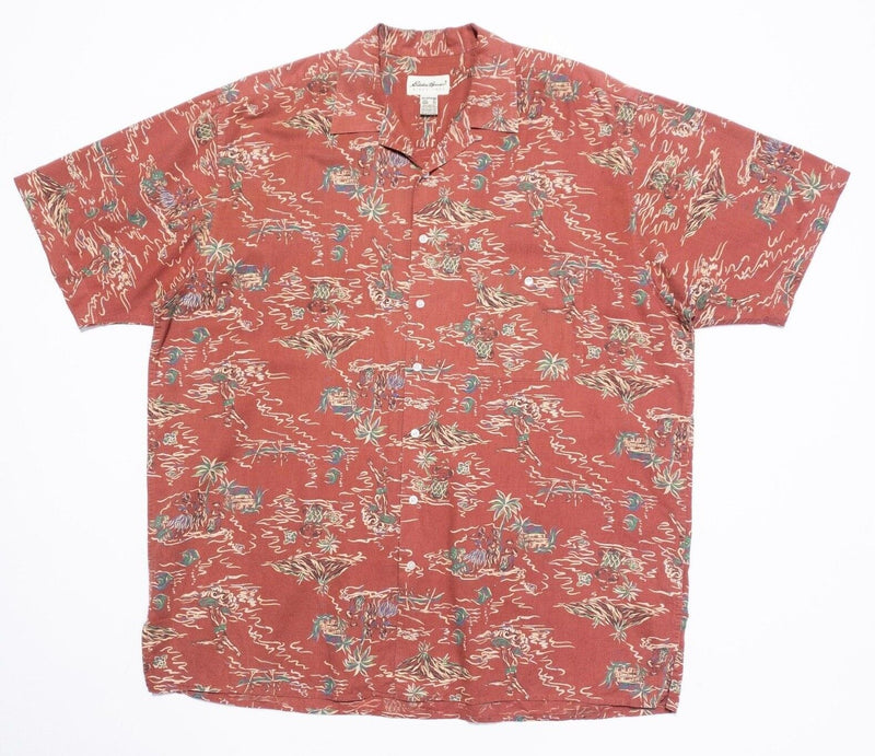 Eddie Bauer Camp Shirt XL Mens Linen Surfer Print Hawaiian Aloha Vintage 90s Red