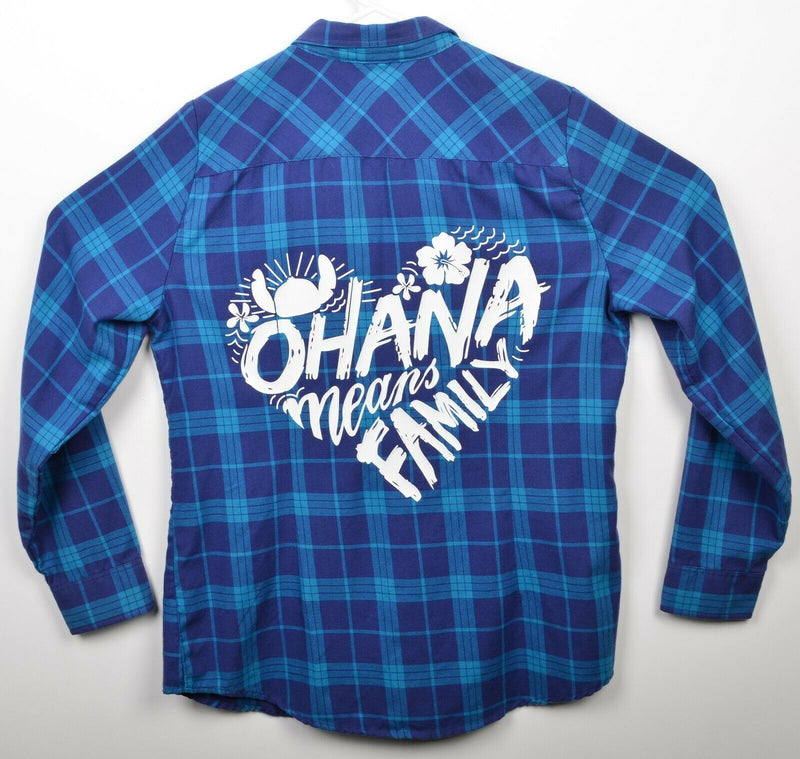 Disney Women's XL Ohana Means Family Heart Lilo Stitch Blue Plaid Flannel Shirt