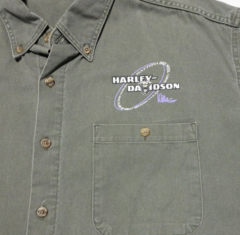 Harley-Davidson Button Up Shirt XL Mens Dayton Willie G Staff Olive Green 90s