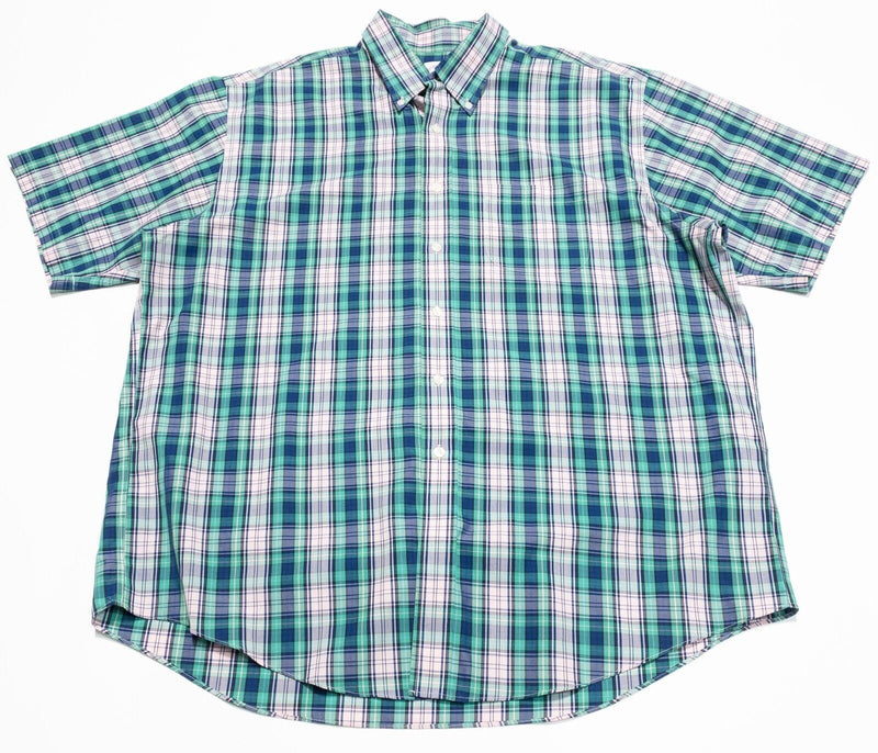 Brooks Brothers Shirt XL Men Plaid Green Blue Short Sleeve Button-Down Non-Iron