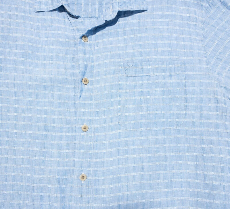 Nat Nast Linen Shirt Large Men's Blue Check Textured Hawaiian Camp Short Sleeve