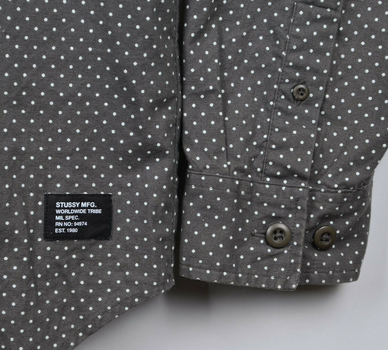 Stussy Men's Sz XL Gray White Polka Dot Long Sleeve Button-Front Shirt