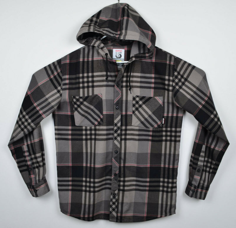 Burton DryRide Men's Medium Gray Black Plaid Button-Front Flannel Hoodie