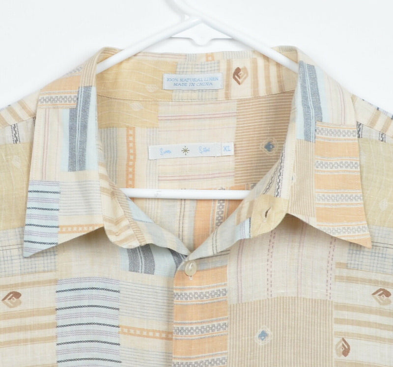 Burma Bibas Men's Sz XL 100% Linen Geometric Patchwork Tan Blue Lounge Shirt