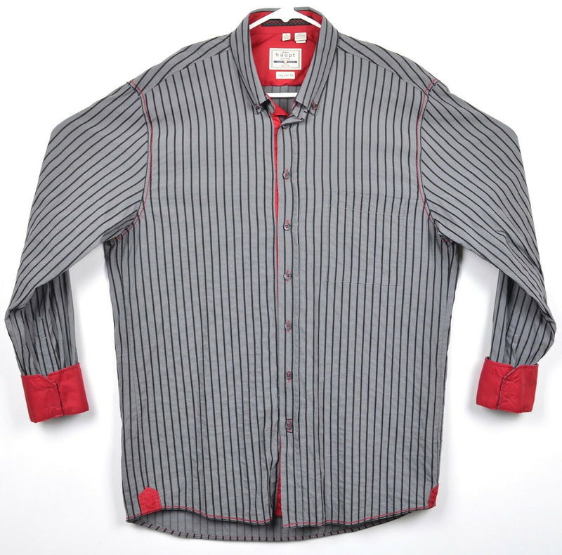 Haupt Germany Men's Sz Large Flip Cuff Gray Striped Button-Front Shirt