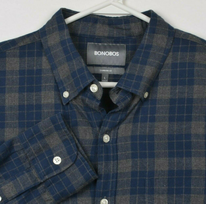 Bonobos Men's Large Standard Fit Navy Blue Gray Plaid Button-Down Shirt