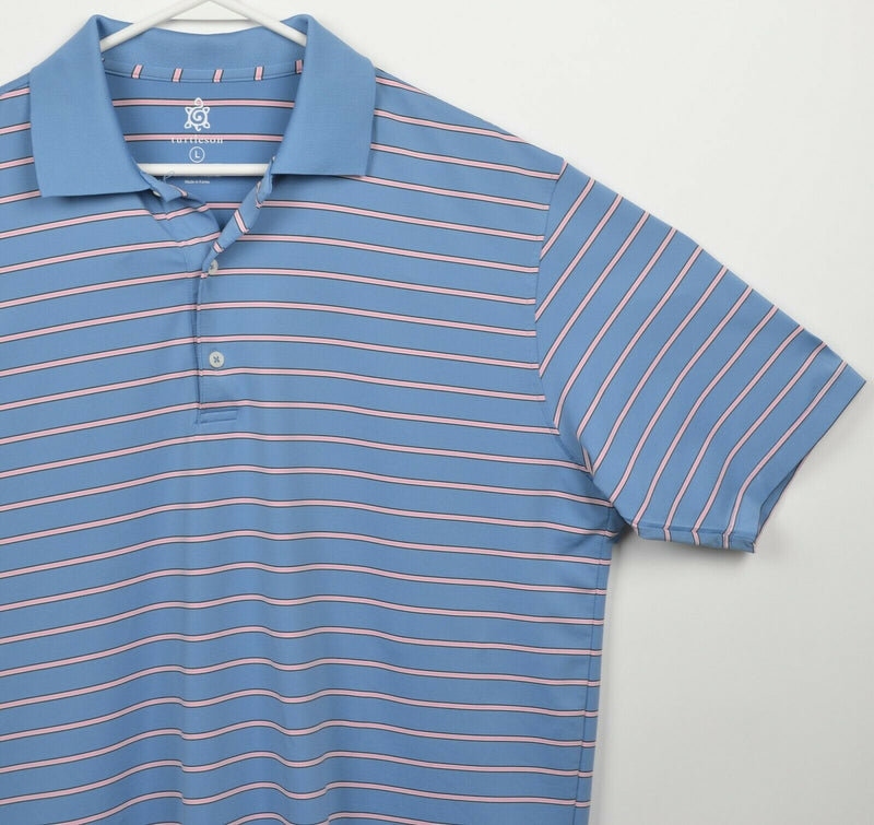 Turtleson Tour Performance Men's Large Blue Pink Striped Wicking Golf Polo Shirt