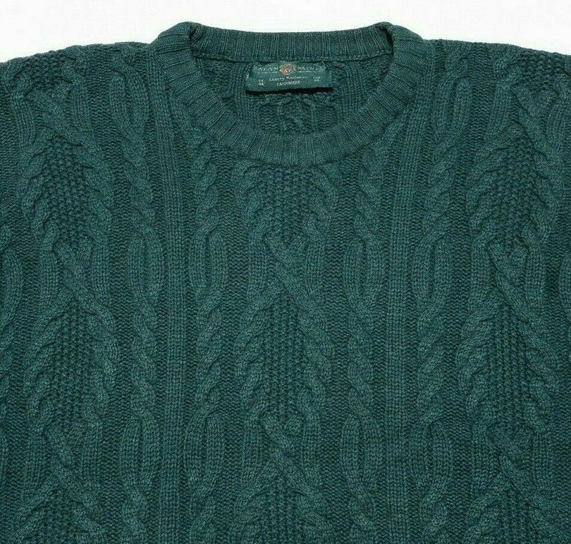 Alan Paine Men's UK 46 (XL) Cashmere Forest Green Cable-Knit Crewneck Sweater