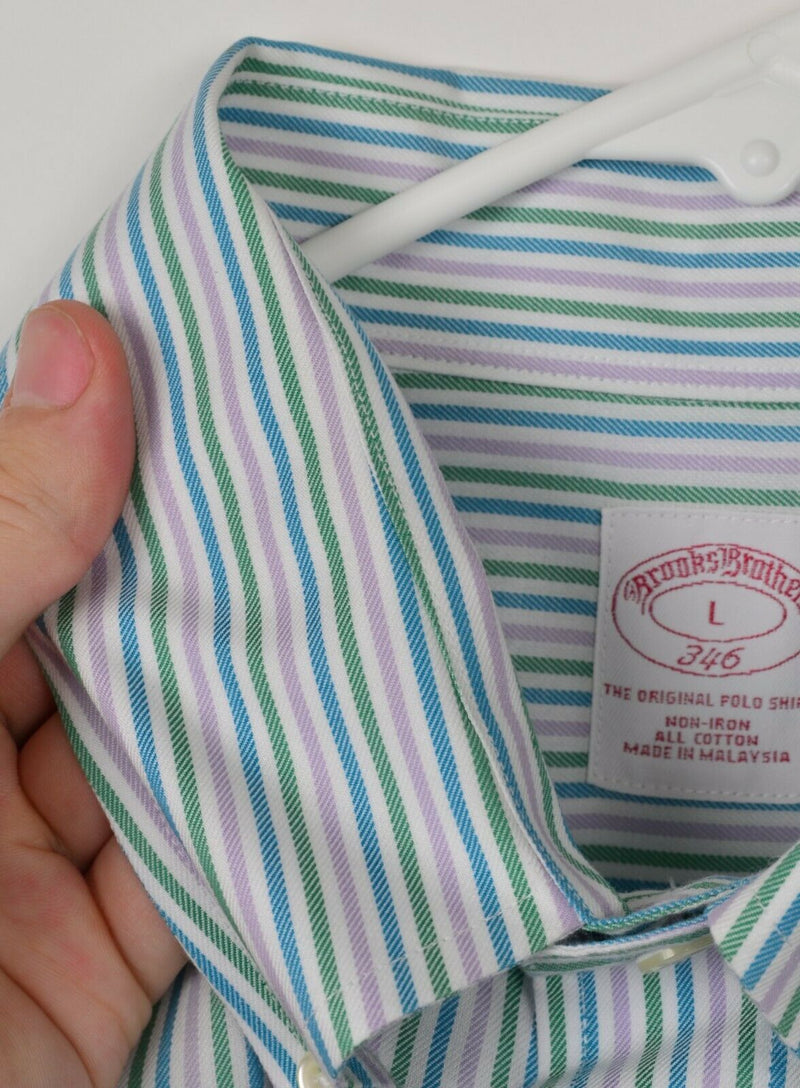 Brooks Brothers Men's Sz Large Purple Green Blue Striped Non-Iron Dress Shirt