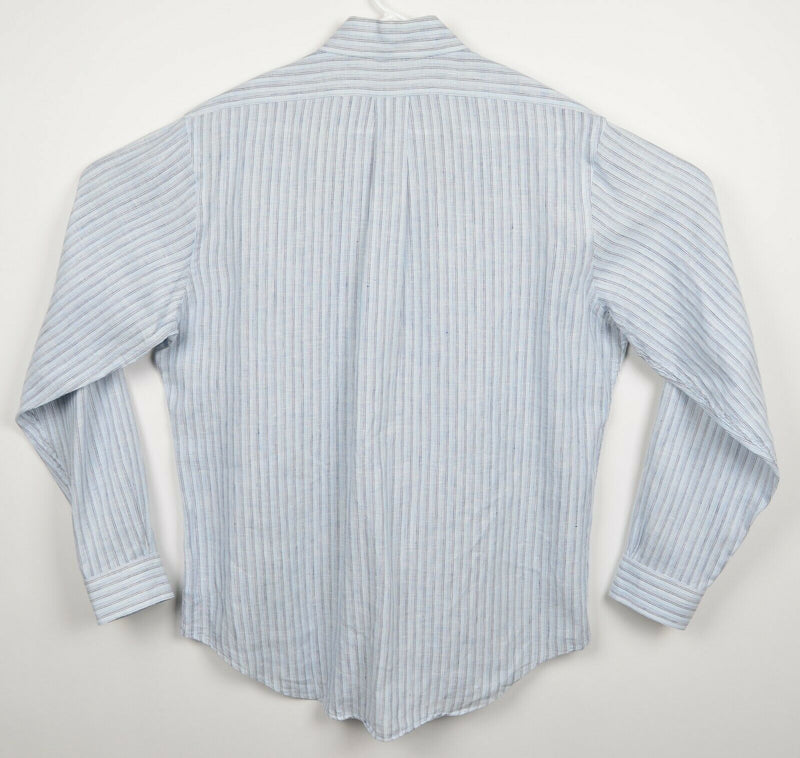 Brooks Brothers Men's Large Slim Irish Linen Blue Striped Button-Front Shirt
