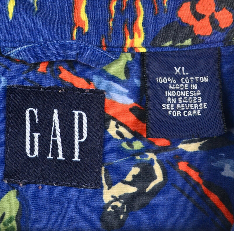 Gap Men's XL Surfer Floral Pattern Blue Vintage 90s Button-Front Hawaiian Shirt