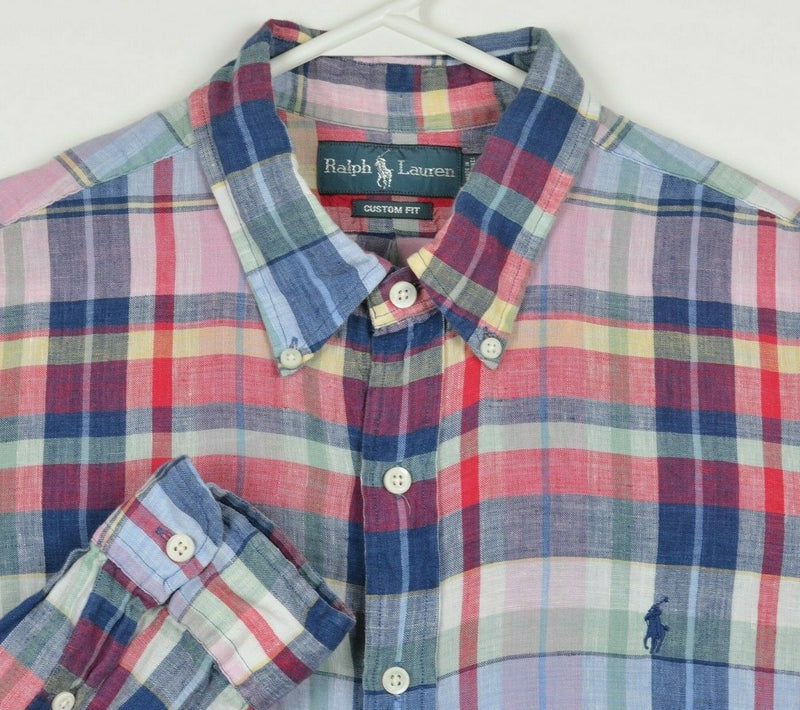 Polo Ralph Lauren Men's XL 100% Linen Pink Navy Blue Red Plaid Button-Down Shirt