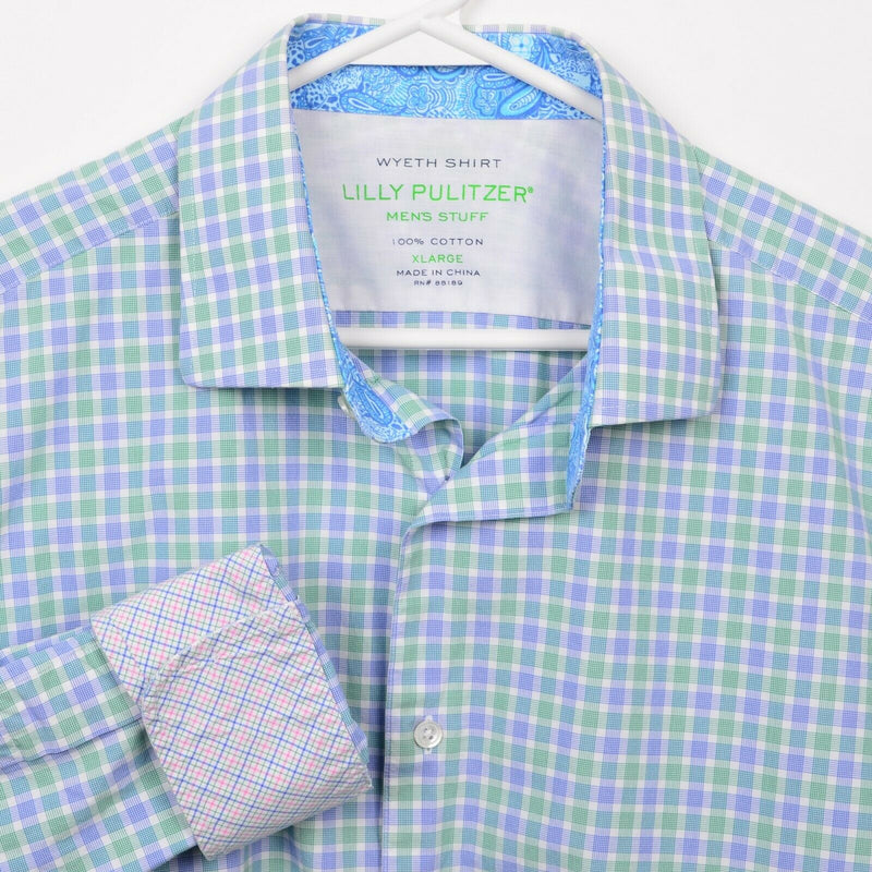 Lilly Pulitzer Men's XL Flip Cuff Green Blue Plaid Wyeth Button-Front Shirt