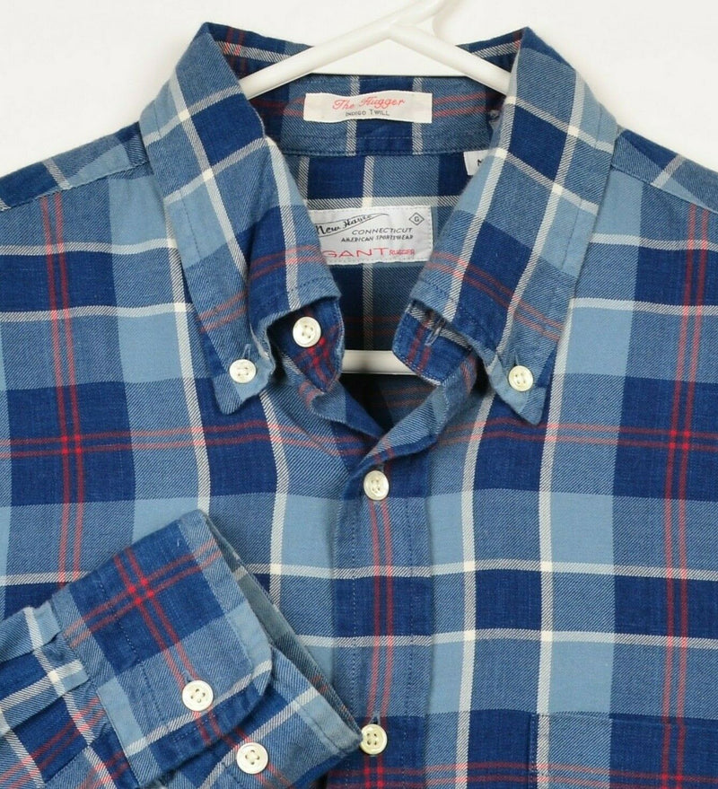 GANT Rugger Men's Medium "The Hugger" Indigo Twill Blue Plaid Button-Down Shirt