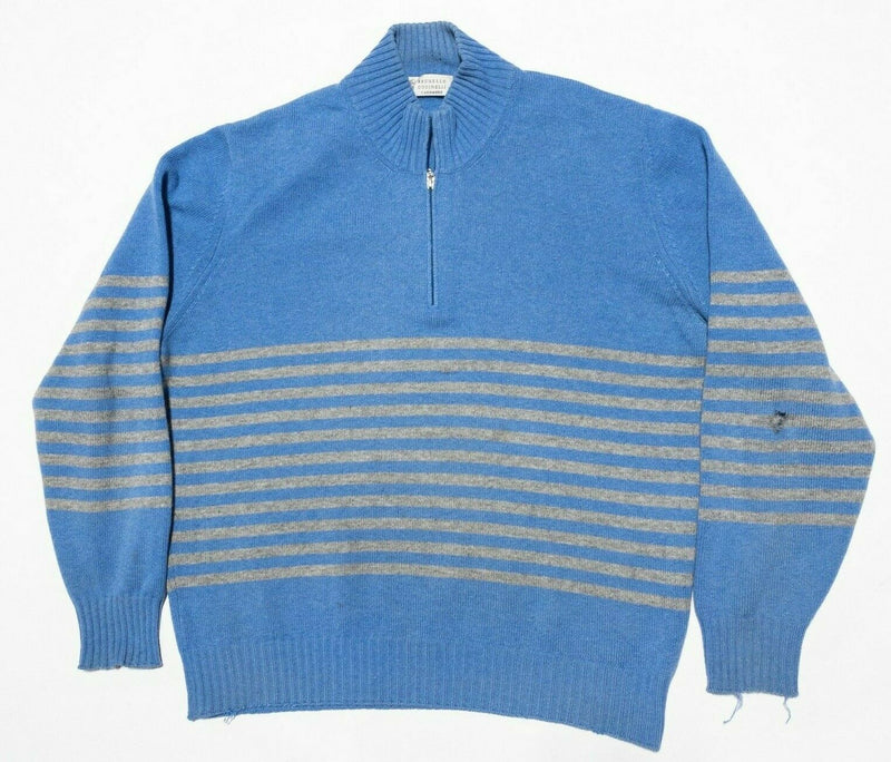 Brunello Cucinelli Men's 52 (L) 100% Cashmere Blue Striped 1/4 Zip Sweater HOLE