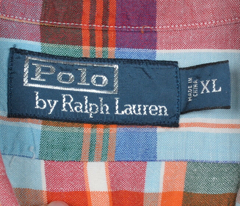 Polo Ralph Lauren Men's XL Linen Silk Blend Blue Red Plaid Button-Front Shirt