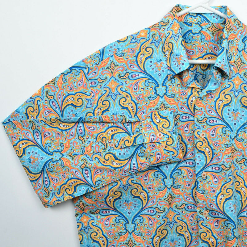 Alan Flusser Men's Large Paisley Aqua Blue Orange Yellow Multi-Color Shirt