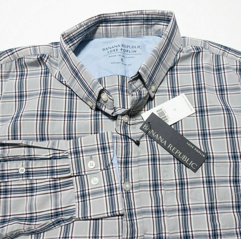 Banana Republic Luxe Poplin Button-Down Shirt Gray Plaid Men's Large Grant Slim