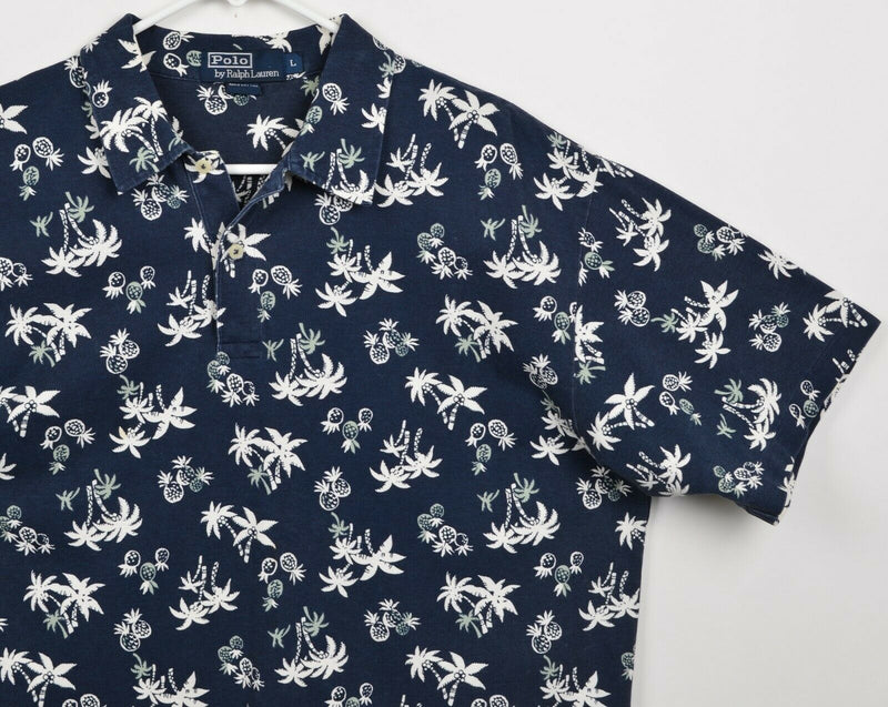 Vtg Polo Ralph Lauren Men's Sz Large Pineapples Floral Navy Blue Polo Shirt