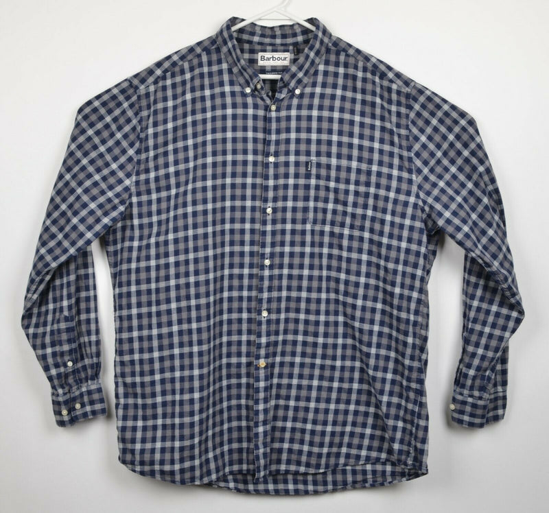 Barbour Men's XL Navy Gray Check Endsleigh Twill Tattersall Button-Down Shirt