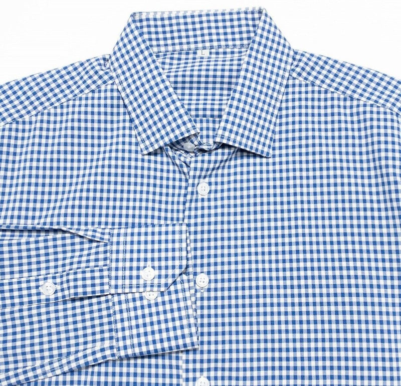 State & Liberty Dress Shirt Men's Large Blue White Check Athletic Wicking S&L