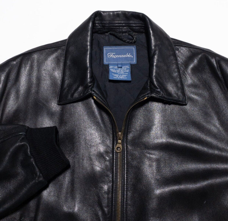 Faconnable Leather Jacket Men's Large Quilt Lined Solid Black Collared Classic