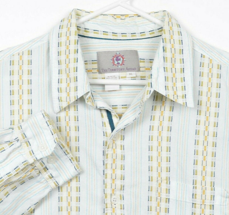 The Territory Ahead Men's XL Striped Geometric White Yellow Button-Front Shirt