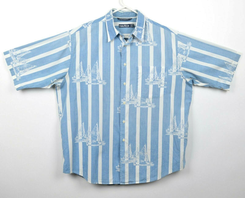 Vtg 90s Nautica Men's Sz Large Striped Sailboat Blue Chambray Button-Front Shirt