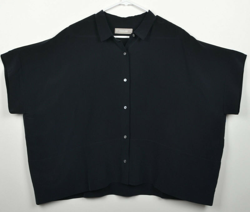 Everlane Women's Sz 16 100% Silk Solid Black Button-Front Blouse