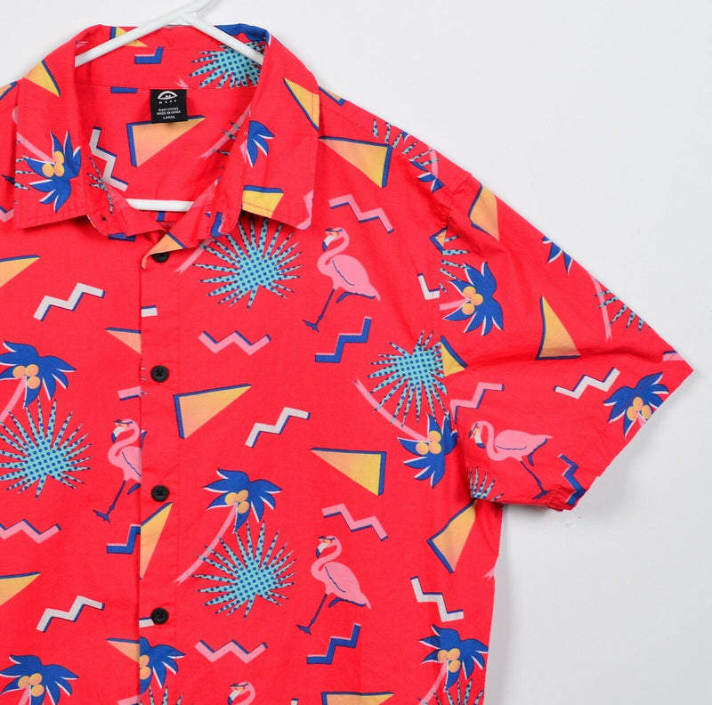 Neff Men's Large Red Flamingo Geometric Memphis Design Button-Front Shirt