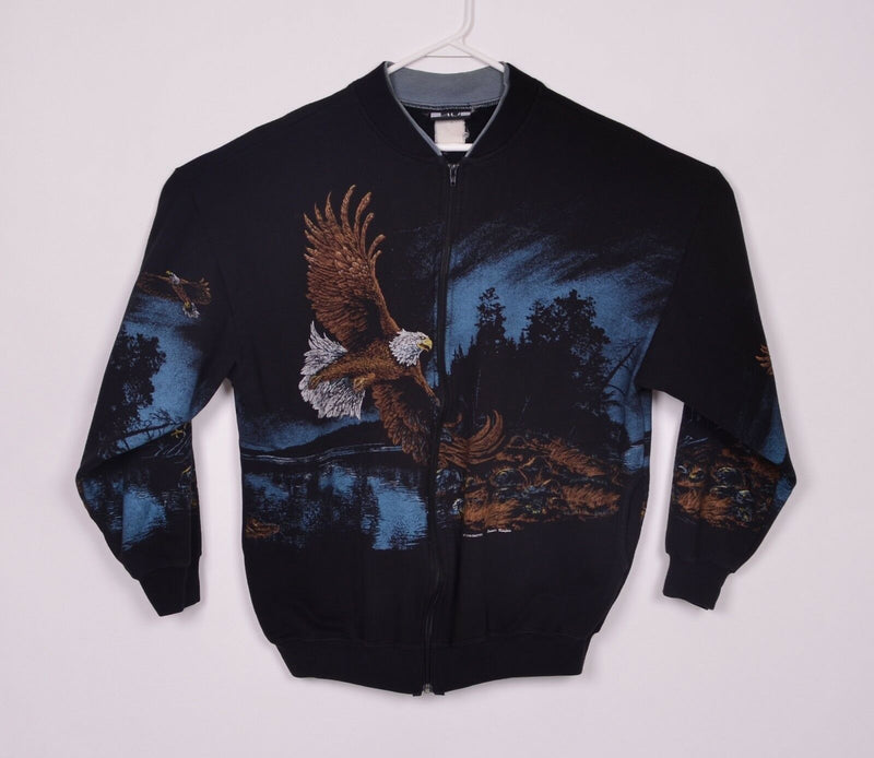 Vtg Art Unlimited Adult Sz XL Soaring Bald Eagles Black Zip Grandpa Sweatshirt