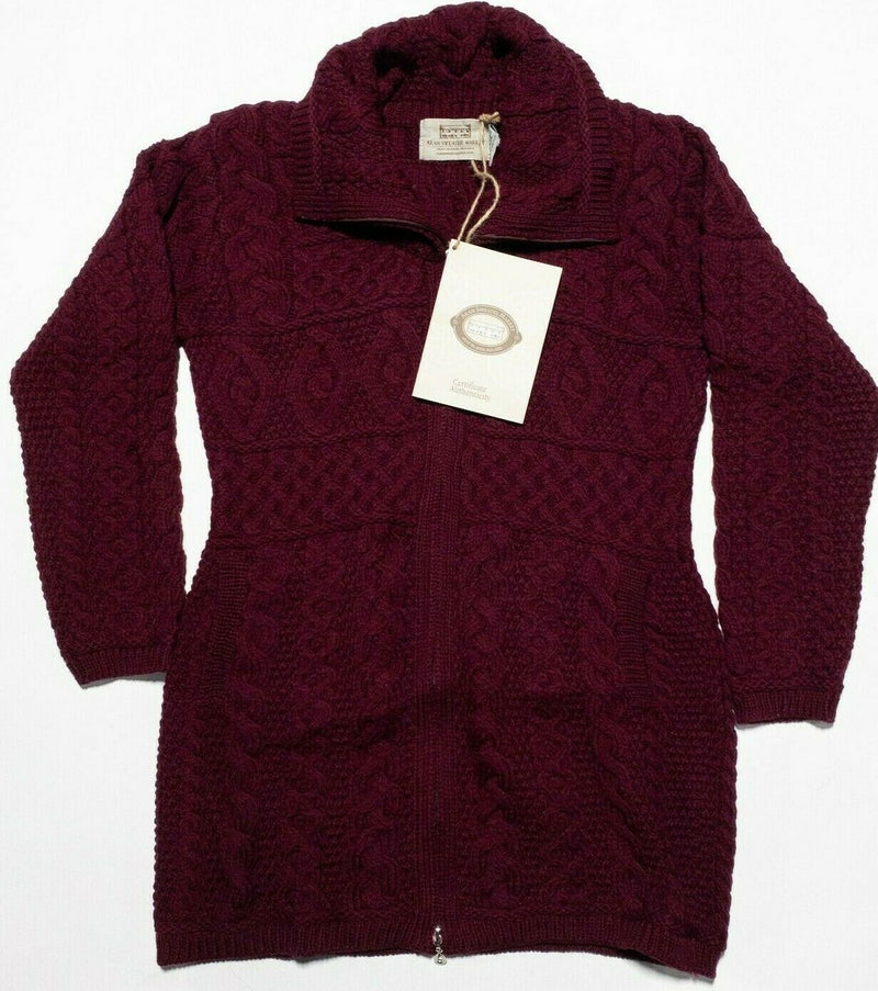 Aran Sweater Market Women's Medium 100% Merino Wool Maroon Red Full Zip Sweater