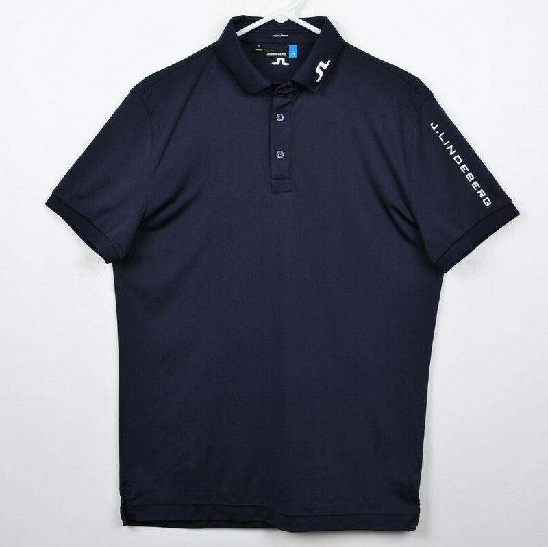 J. Lindeberg Men Sz Medium Regular Fit Logo Collar Navy Blue Tour TX Jersey Polo