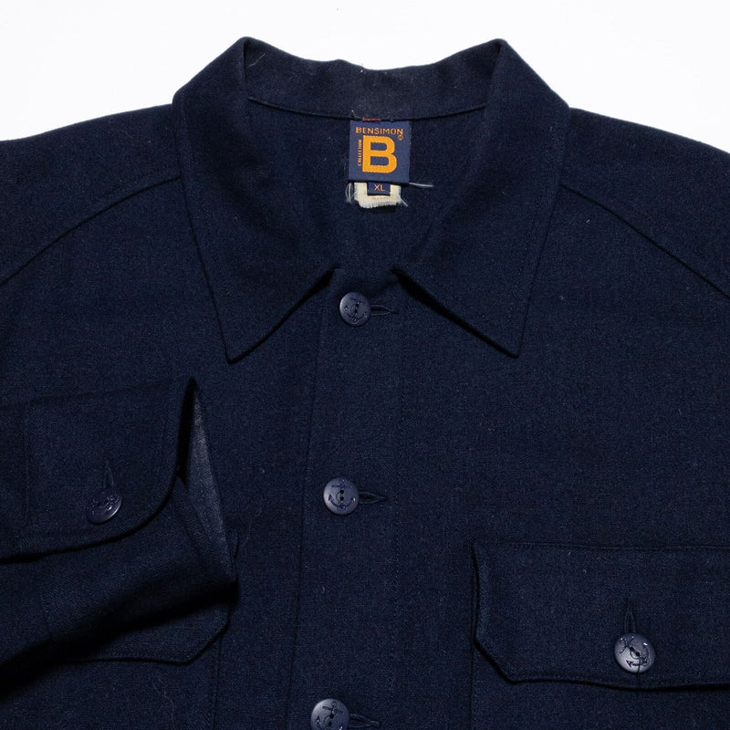 Bensimon CPO Shirt Jacket Men's XL Vintage 80s Wool Button-Front Navy Blue Knit